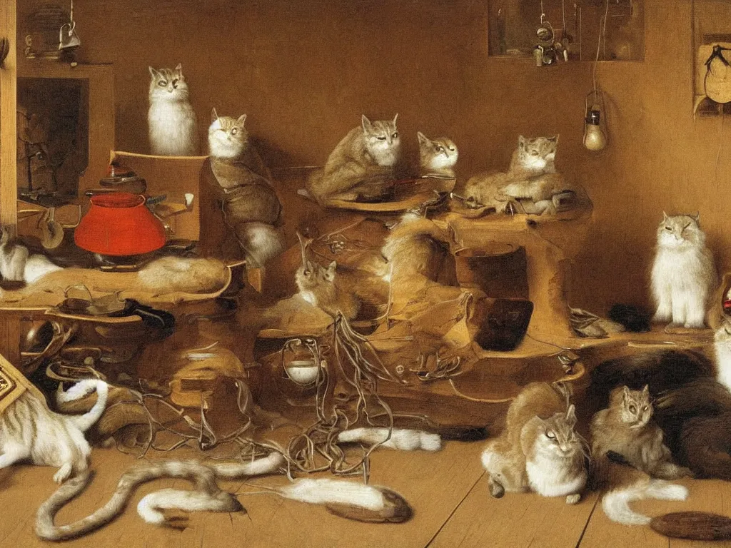 Prompt: a group of Pallas's cats passing around a blunt, foggy room, lightbulb lighting, oil on canvas, hd, highly detailed, 8k resolution, victorian, Painting by Jan van Eyck and Emily Mary Osborn