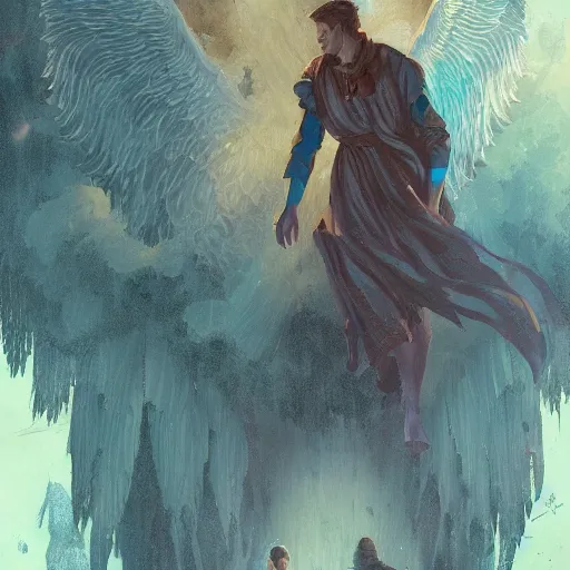 Image similar to angel protecting man, detailed intricate ink illustration, happy atmosphere, detailed illustration, hd, 4k, digital art, overdetailed art, by greg rutkowski, by loish, complementing colors, Trending on artstation, movie poster style