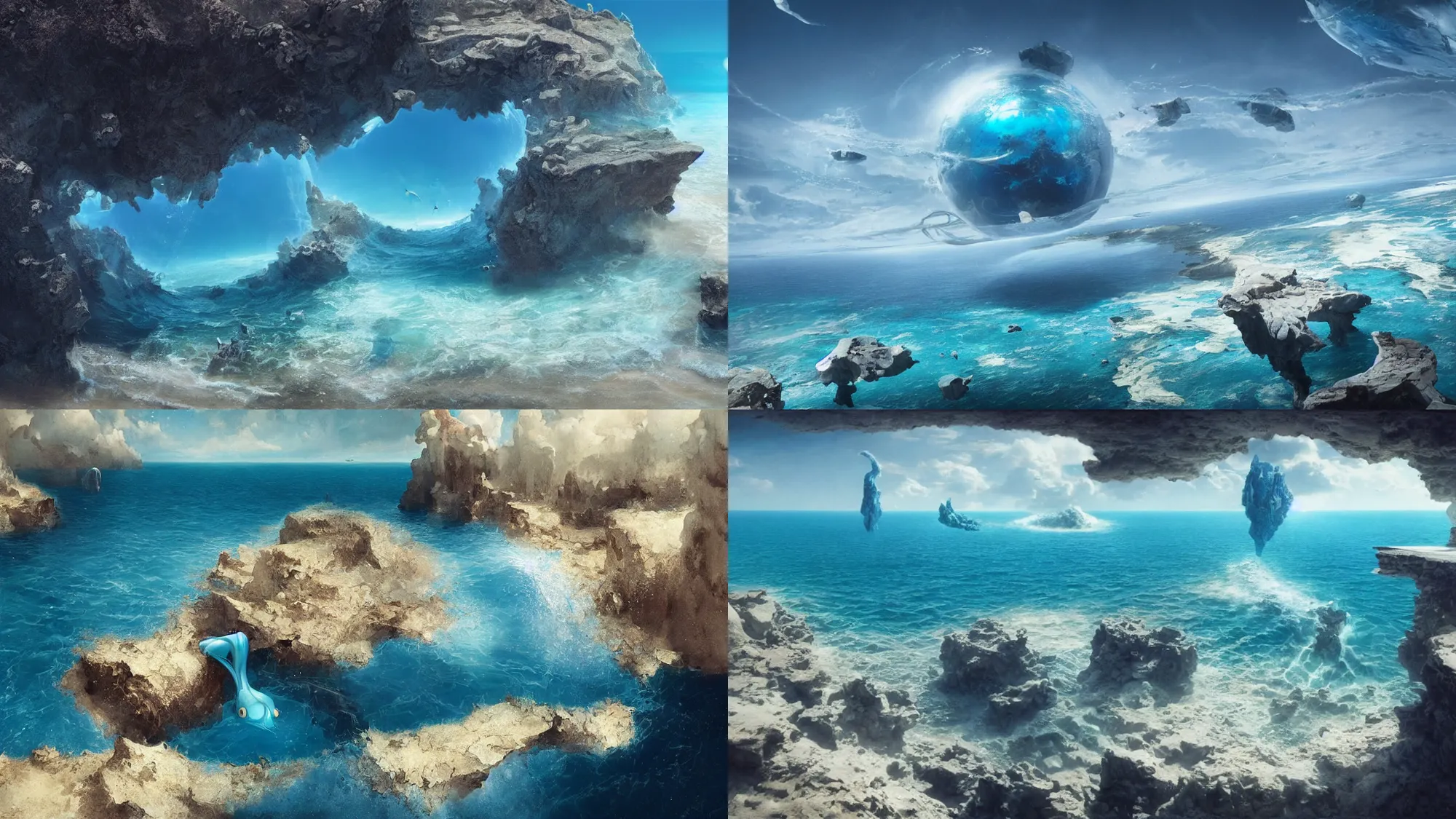 Prompt: clear blue ocean waters splitting apart to reveal ocean floor, whimsical surrealism, dream recording, 4 k, award - winning, octane render, deep - space imaging, art by salvador dali, by greg rutkowski