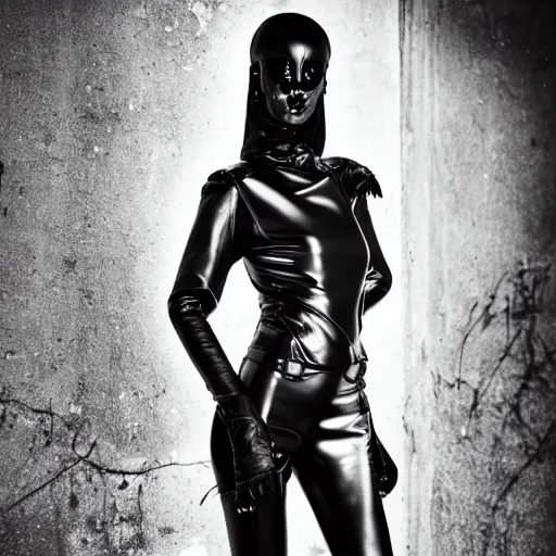 Image similar to fashion photography of an extraterrestrial model, holding a leather whip, wearing demobaza fashion, inside berghain, berlin fashion, harness, futuristic fashion, dark minimal outfit, photo 3 5 mm leica, hyperdetail, berghain, 8 k, very detailed, photo by nick knight