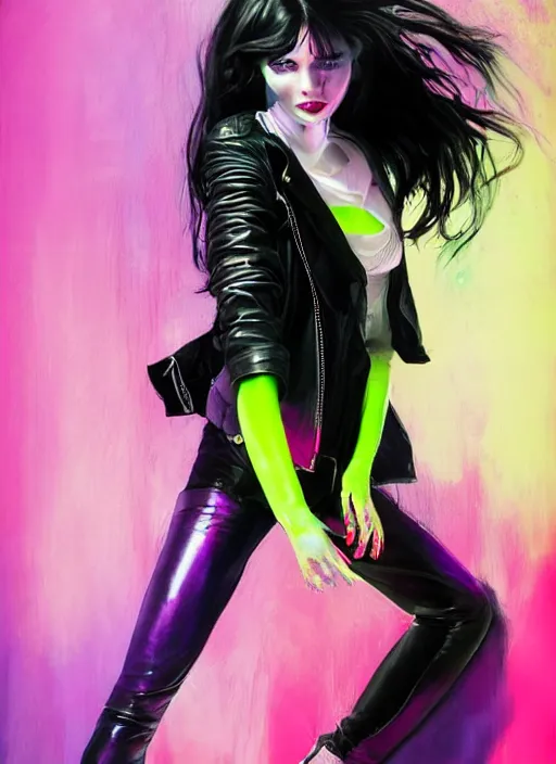 Image similar to a photo of 8 k ultra realistic a black haired female in high heels and a black leather jacket, pink, purple, green, yelow, red, blue, white neon, art by lise deharme