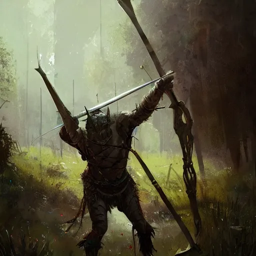 Prompt: the elder goblin wearing chainmail whilst twirling a spear interior of an orc encampment greg rutkowski ismail inceoglu ishbel myerscough