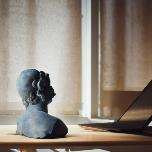 Prompt: a marble statue sitting at a desk with a frustration expression and a laptop, desk lamp and coffee cup on the desk, with a window letting in some sun light