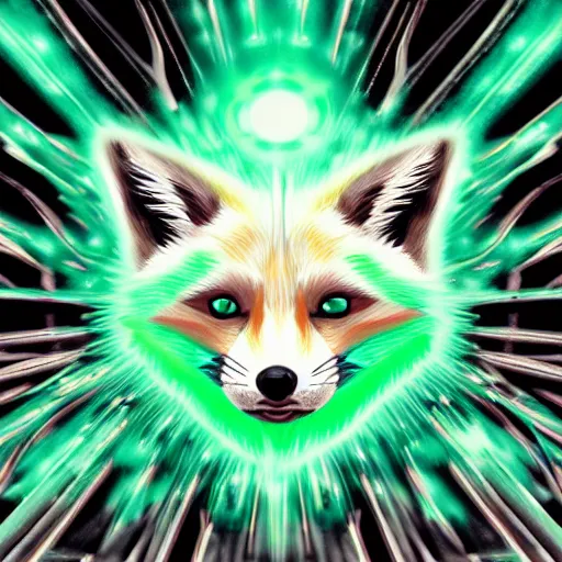 Prompt: digital very green and white fox, retrowave palette, digital world, highly detailed, electric breeze, anatomically correct vulpine, synth feel, fluffy face, ear floof, flowing fur, super realism, accurate animal imagery, 4 k digital art