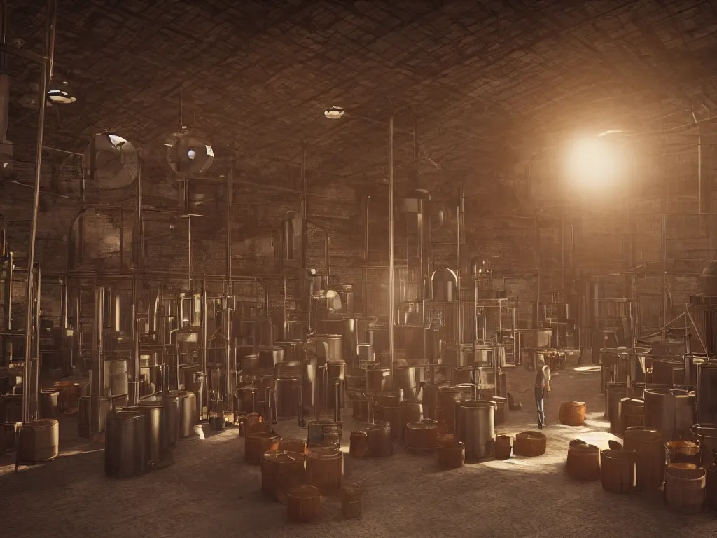 Prompt: sitting on a small wooden stool a large man sips a tiny tumbler of whisky in a whisky factory with barrels stacked up to the sealing. beautiful atmospheric lighting, sunlight beaming through open windows, small dust particles in the air. unreal engine 5, v - ray, 8 k, ultra hd, god rays.