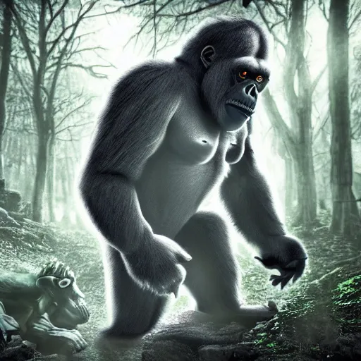 Image similar to demonic gorilla in magical forest, dark atmosphere, high detail, soft lighting