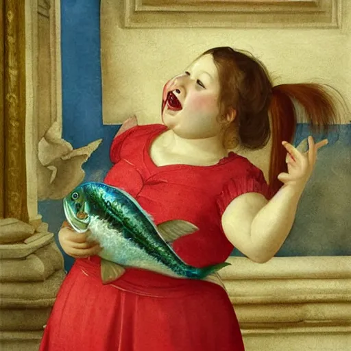 Prompt: a very funny stylize oil painting in renaissance style of a sweet little fat girl kissing a huge colorful cute fish. red mouth, blue eyes. flowery dress. hyper realistic scene. 3 d, octane render, deep focus, white scene. very funny and sweet image. unreal engine. watercolor. fellini style. poster quality. da vinci painting style. pencil illustration.