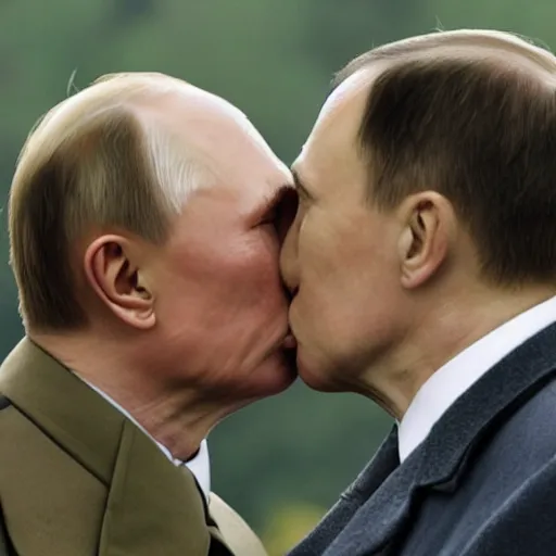 Image similar to Hitler kissing Putin, realistic photo, 8k, grotesque,