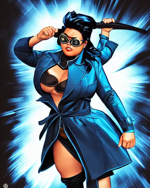 Prompt: thick chubby filipina superhero, long black trench coat, sunglasses, sly grin, fully clothed, exaggerated perspective, flying toward camera, beautiful detailed face, bright blue hair, action pose, comic book style, highly detailed, dynamic shadows, dynamic lighting, geoff johns, jason fabok, jason fabok, brad anderson, splash art