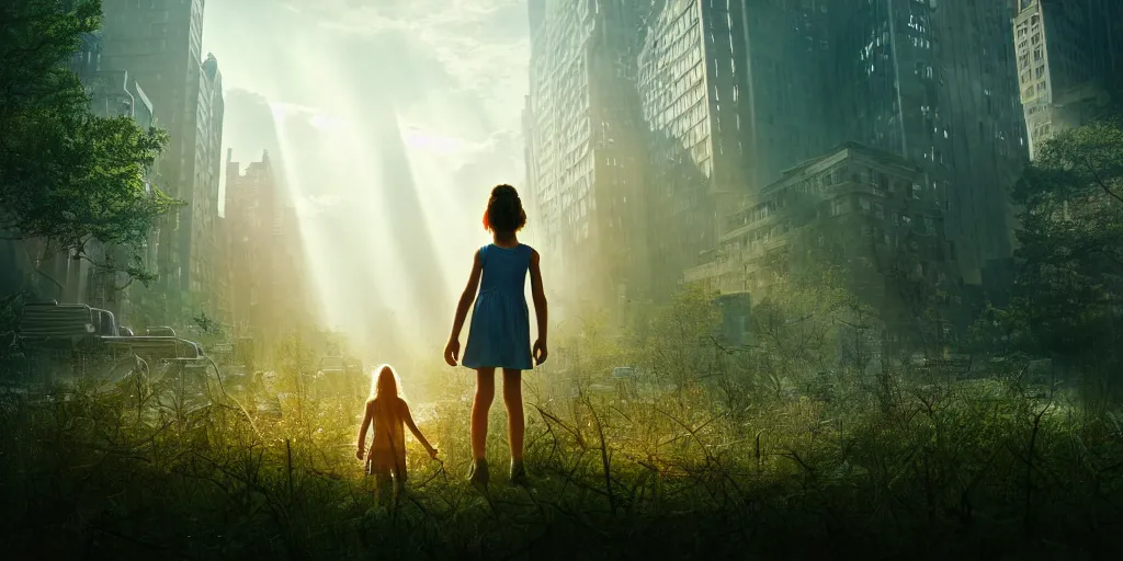 Image similar to textless sci - fi scene future overgrown new york city street, little girl alone in manhattan holding the left hand of giant robot, forest punk, crepuscular rays, epic scene, hyper realistic, photo realistic, overgrowth, cinematic atmosphere, ethereal lighting,