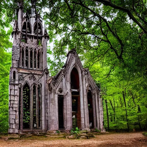 Prompt: ancient building with gothic structure in forest