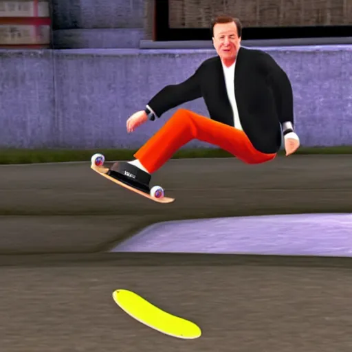 Prompt: michael portillo kick flips a skateboard, playstation 2 video game screenshot