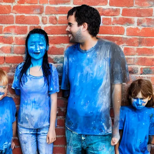 Prompt: a family being drenched with blue paint