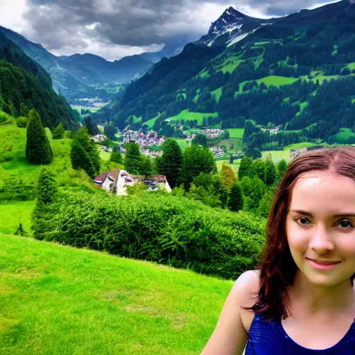 Image similar to a beautiful photograph of a girl with switzerland landscape in the background with trees, hdr, 8 k, high quality, sharp focus, artstation, highly detailed, award - winning, dramatic lighting, beautiful clouds, and nature