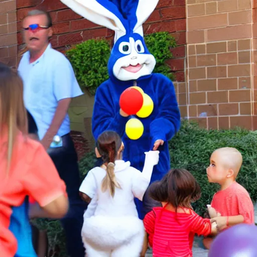 Image similar to paparazzi photo Man in Bugs Bunny costume spying on children at a birthday party, high quality, good lighting, masterpiece, beautiful beautiful beautiful beautiful beautiful