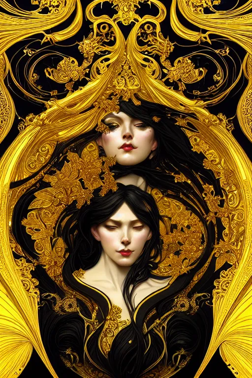 Image similar to beautiful black yellow, complicated gold the baroque style decoration, dark fantasy, intricate, elegant, highly detailed, digital painting, artstation, concept art, matte, 3 d 8 k octane rendered, sharp focus, illustration, octane rendered, art by artgerm and alphonse mucha, leesha hannigan, ross tran