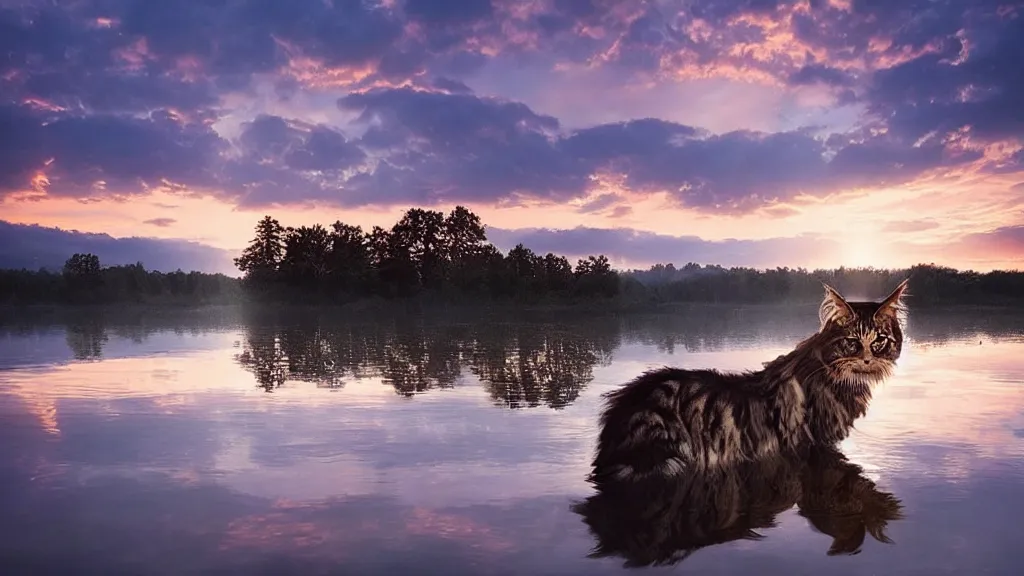 Prompt: amazing landscape photo of a maine coon bathing in a lake in sunset by marc adamus, beautiful dramatic lighting