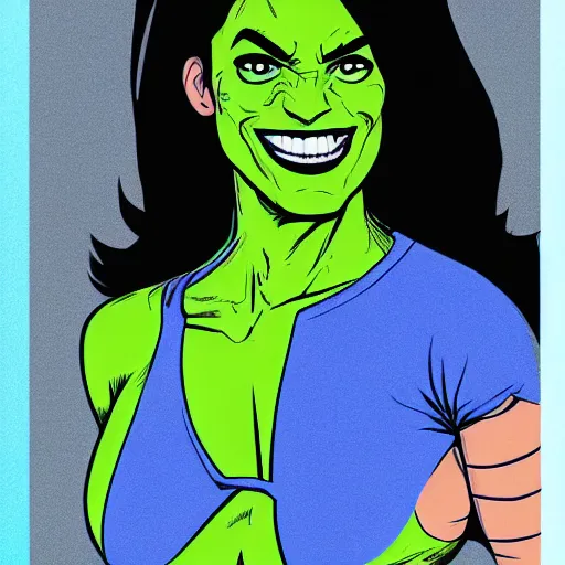 Image similar to Actress Rosario Dawson as She-Hulk, smiling, poster framed, comic pinup style, sports illustrated, detailed legs, artstation, illustration, posterized