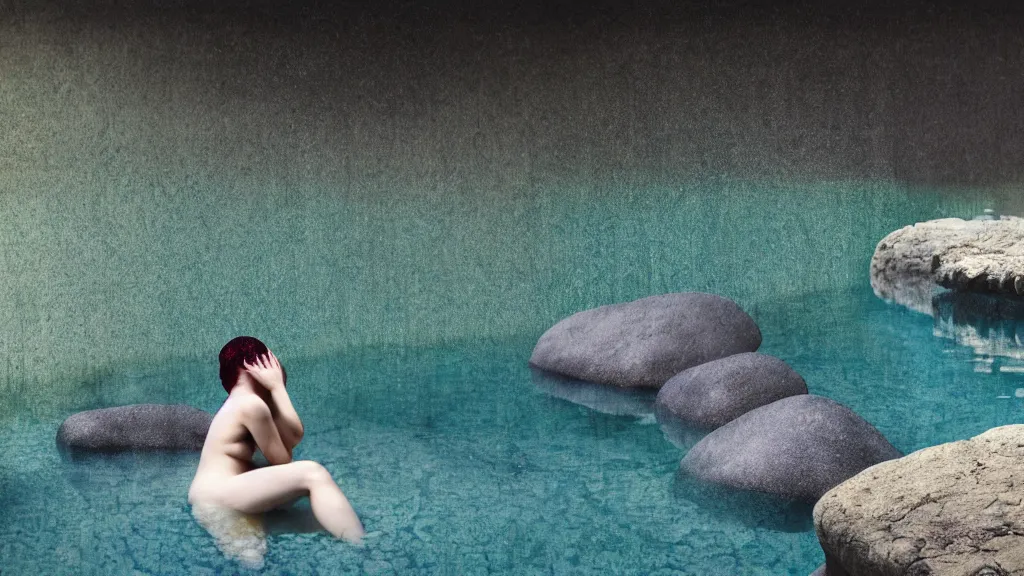 Image similar to a bather at a steaming natural hot spring in a nook of river stones, in an epic valley, japan, a collage painting, in the style of wes anderson, lola dupre, david hockney, isolated on negative white space background dark monochrome neon spraypaint accents volumetric octane render