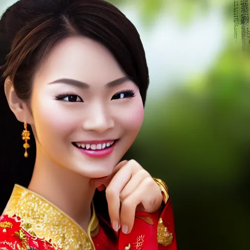 Image similar to beautiful half vietnamese wearing an elegant ao dai, tanned woman, smiling, portrait, photorealistic