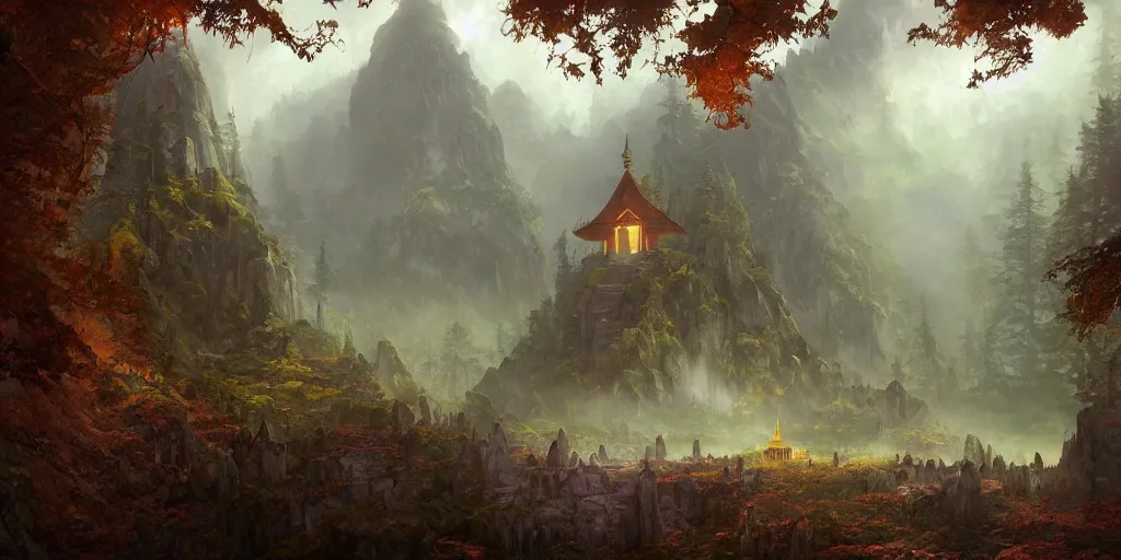 Image similar to a mystic temple on a mountain surrounded by a forest, joyful matte painting by marc simonetti and christophe vacher, trending on artstation