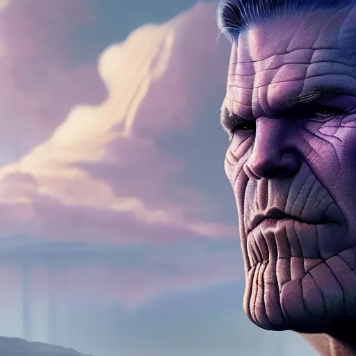 Image similar to josh brolin thanos closeup portrait, dramatic light, lake background, 2 0 0 mm focal length, painted by stanley lau, painted by greg rutkowski, painted by stanley artgerm, digital art, trending on artstation