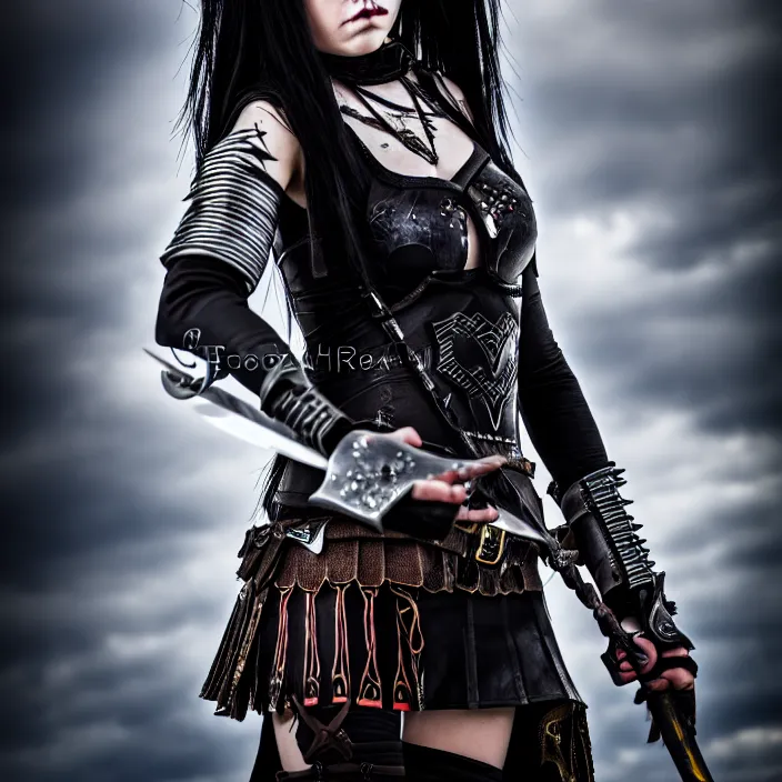 Prompt: professional full length photograph of a beautiful female emo warrior. Extremely detailed. 8k