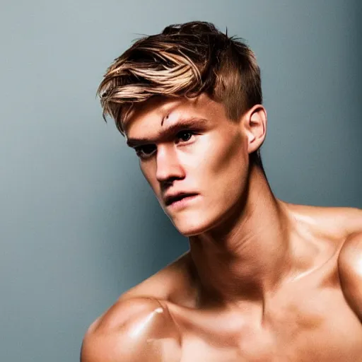 Image similar to a realistic detailed photo of a guy who is an attractive humanoid who is half robot and half humanoid, who is a male android, soccer player martin ødegaard, shiny skin, posing like a statue, blank stare, in a living room, on display, showing off his muscles, gold soccer shorts