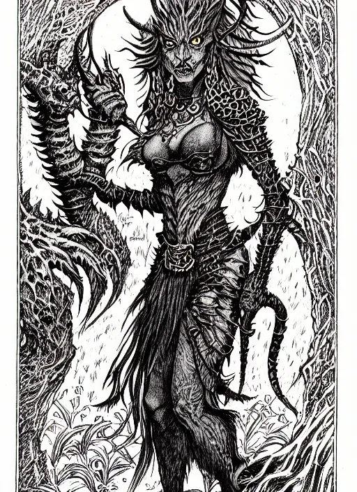 Prompt: cait sidhe as a d & d monster, full body, pen - and - ink illustration, etching, by russ nicholson, david a trampier, larry elmore, 1 9 8 1, hq scan, intricate details, inside stylized border