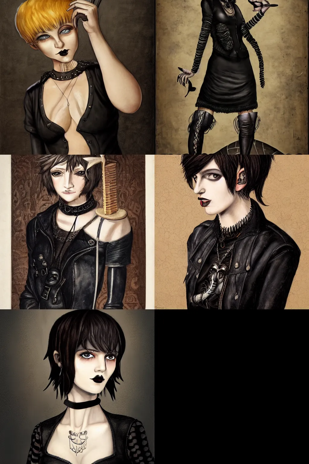 Prompt: goth by pieter aertsen. high - quality character portrait. short dark brown messy pixie haircut, large black eyes, slightly rounded face, pointed chin, small nose, black tank top, black leather jacket, black knee - length skirt, black choker.