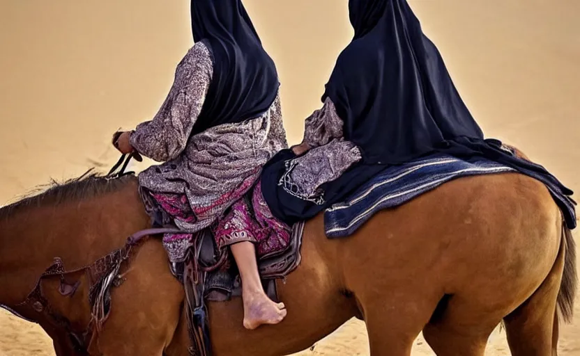 Image similar to beautiful burqa's woman, riding a horse!!! in saharan, sharp eyes, handling riffle on chest, shooting pose, perfect posture, dust, cinematic, dynamic pose, pinterest, center of interest, very perfect object, award winning photo by national geographic