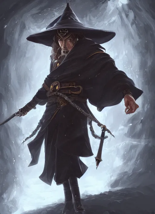 Image similar to a highly detailed illustration of Hiroyuki Sanada as wizard wearing black robe and mage hat, powerful magic wielding pose, intricate, elegant, highly detailed, centered, digital painting, artstation, concept art, smooth, sharp focus, league of legends concept art, WLOP