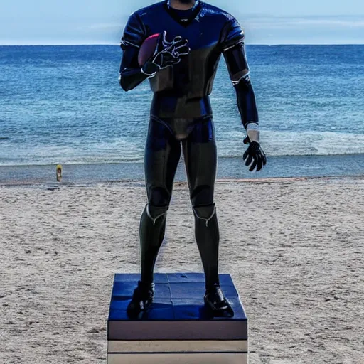 Image similar to a realistic detailed photo of a guy who is an attractive humanoid who is half robot and half humanoid, who is a male android, football player christian mccaffrey, shiny skin, posing like a statue, blank stare, by the beach, on display