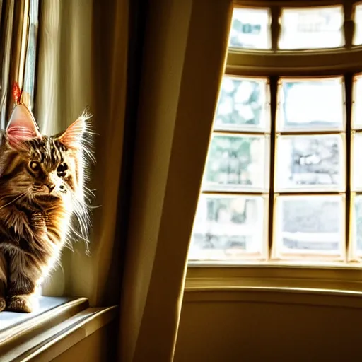 Prompt: portrait cream color maine coon cat curled up, bay window sofa, 8K, 4K, by Antoine Blanchard, oversaturated lens flair, bokeh, sunbeam