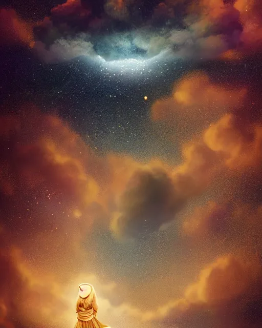 Image similar to the quran descending from the galaxy into clouds highly detailed, gold filigree, romantic storybook fantasy, soft cinematic lighting, award, pastel color palette, featured on artstation, digital art