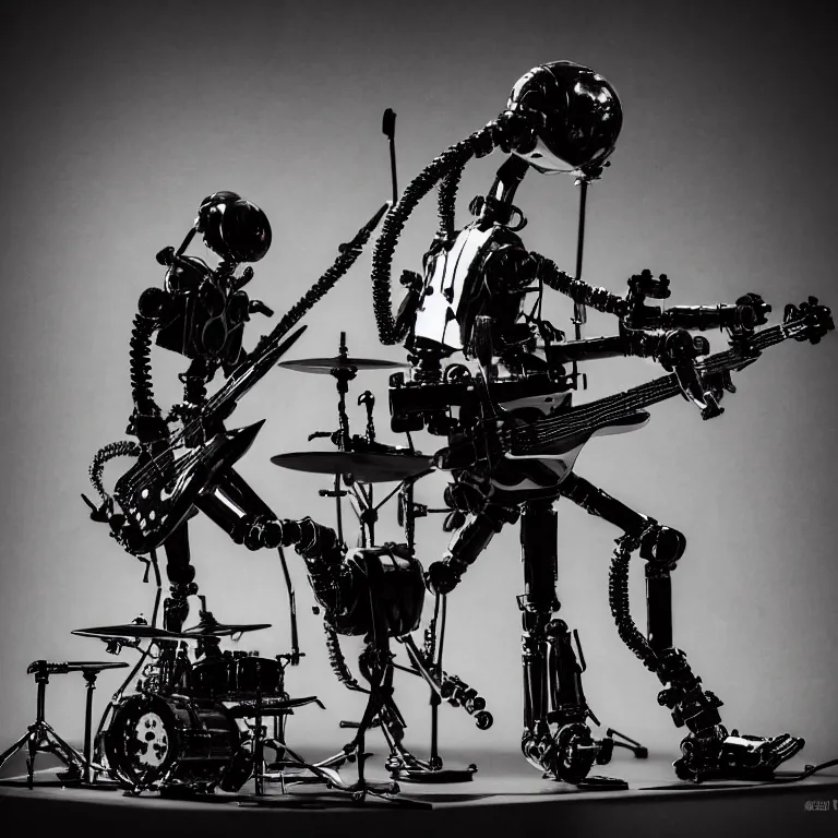Prompt: a beautiful electronic concert photo shot of a couple of threea toys figurines by ashley wood, world war one robot octopus playing drums and fender telecaster guitar, black background, concert light, dark mood