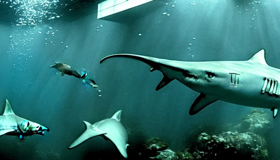 Prompt: Big budget horror movie, the setting is an underwater laboratory, and sharks are trying to smash the windows.