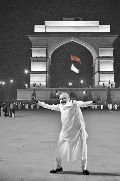 Image similar to narendra modi dancing in india gate closeup, india, detailed, photography alexey kurylev, cinematic