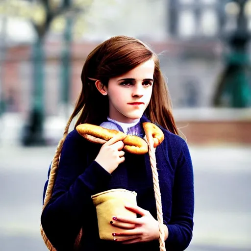 Prompt: photo of teenage emma watson as schoolgirl, holding string bag with bagels, street of moscow, shallow depth of field, cinematic, 8 0 mm, f 1. 8