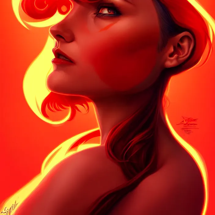 Image similar to style artgerm, joshua middleton, diego fazio, beautiful kristen bell with dark red dress, very long orange hair, symmetrical face, symmetrical eyes, fire powers fire swirling, detailed, volcano setting, cinematic lighting