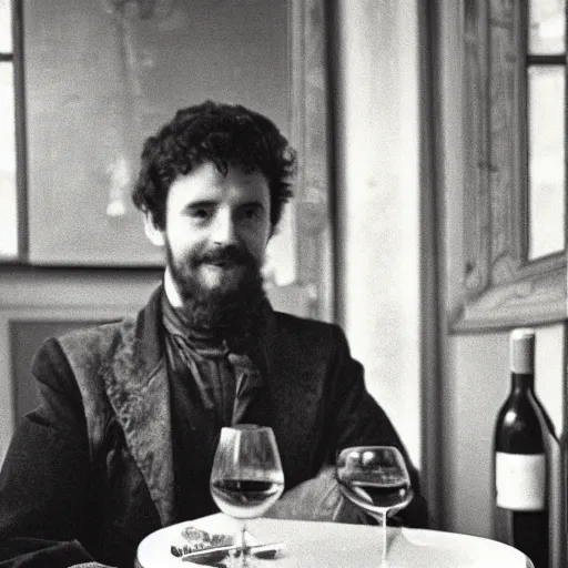 Prompt: photograph of a frenchman seated at a table with a bottle of wine in 1 9 9 0. in technicolor, award winning photography, 5 0 mm, extremely detailed face