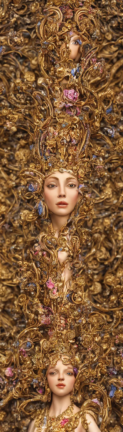 Image similar to A photo-real delicate sculpture of an ornate queen in front of an intricate background by AJ Fosik, Micro detail, backlighting, octane renderer, colorful, physically based render