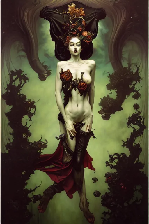 Image similar to baroque oil painting of full body vampire princess portrait, by nekro, peter mohrbacher, alphonse mucha, brian froud, yoshitaka amano, kim keever, victo ngai, james jean