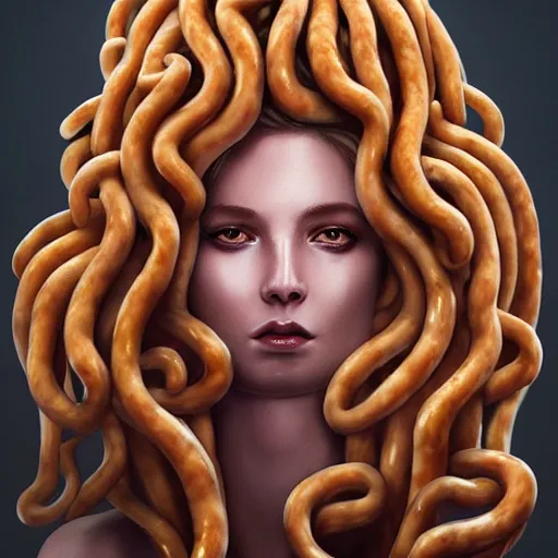 Image similar to medusa with hair made of sausages, award winning creature portrait photography, extremely detailed, artstation, 8 k, sensual lighting, incredible art, wlop, artgerm