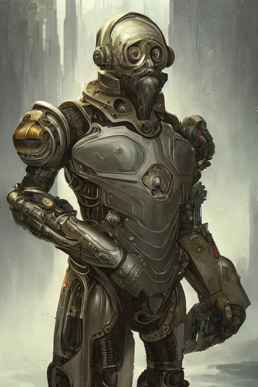 Image similar to Portrait of Peter Kropotkin with a long beard wearing futuristic power armor, sci-fi, intricate, highly detailed, digital painting, trending on artstation, sharp focus, illustration, style of Stanley Artgerm and Greg Rutkowski and Dan Mumford