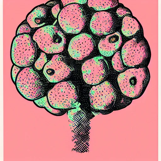 Prompt: a Risograph split color view of a brain as an apple tree