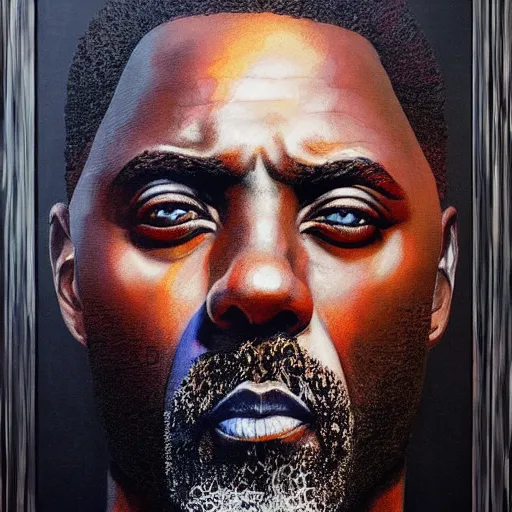 Prompt: portrait of idris elba, hyper detailed masterpiece, neon floral pattern, jean giraud, digital art painting, darkwave goth aesthetic, psychedelic, artgerm, donato giancola and tom bagshaw