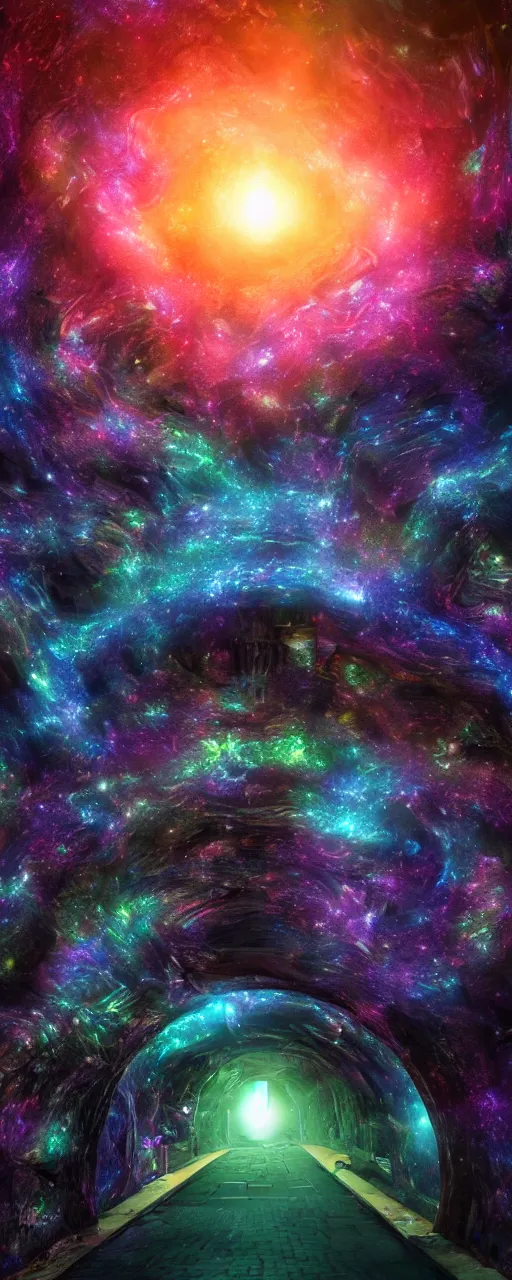 Image similar to tunnel portal made of stars space, cosmic eye, nebulas stars dmt psychedelic cosmos, cosmic, hallucination, night sky cluster milky way constellations, 8 k, artstation, unreal engine, octane render, hdr, surrealistic, glow, photorealistic, volumetric lighting, dreamy, dynamic, mystical