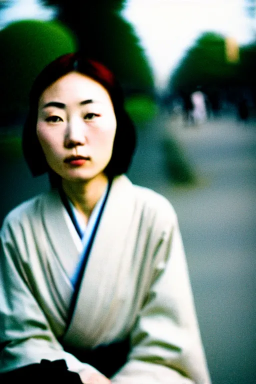 Image similar to photography street portrait of a beautiful japanese woman sitting in ueno park, shot on cinestill 5 0 d with a 3 5 mm lens aperture f / 5. 6, dynamic composition, close up, full frame, full res