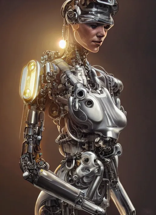 Image similar to Ultra realistic full shot of a cyborg woman under repair ,with mechanical arms that fix it, cyberpunk,sci-fi, fantasy,Kodak , soft light, volumetric lighting ,night, intricate, elegant, highly detailed, digital painting, artstation, concept art, smooth, sharp focus, illustration,art by artgerm and greg rutkowski and alphonse mucha